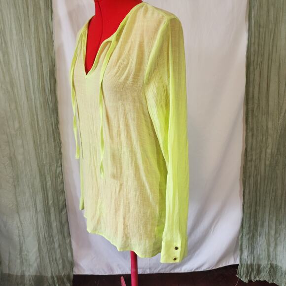 Palette neon Lime Green Sheer Long Sleeve Cover up Top Blouse Size L - Picture 2 of 5